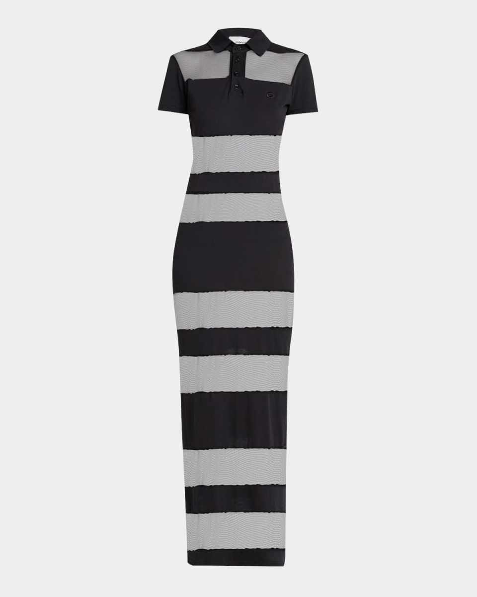 Sheer Striped Short-Sleeve Maxi Polo Dress
